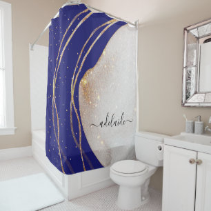 Stylish Navy Blue Gold Glitter Agate Chic Monogram Shower Curtain