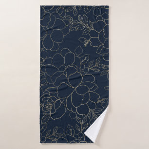 Stylish navy blue gold hand drawn floral bath towel