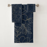 Stylish Navy Blue Gold Hand Drawn Floral Bath Towel Set at Zazzle