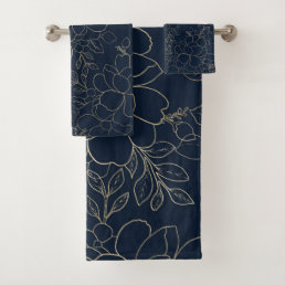 Stylish navy blue gold hand drawn floral bath towel set