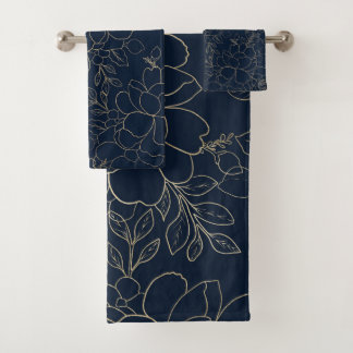 Stylish navy blue gold hand drawn floral bath towel set