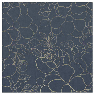 Stylish navy blue gold hand drawn floral fabric