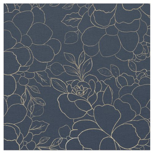 Stylish navy blue gold hand drawn floral fabric