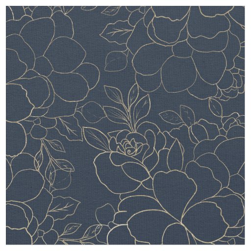 Stylish navy blue gold hand drawn floral fabric