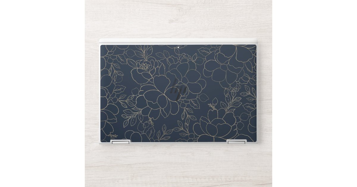 Stylish navy blue gold hand drawn floral HP laptop skin | Zazzle