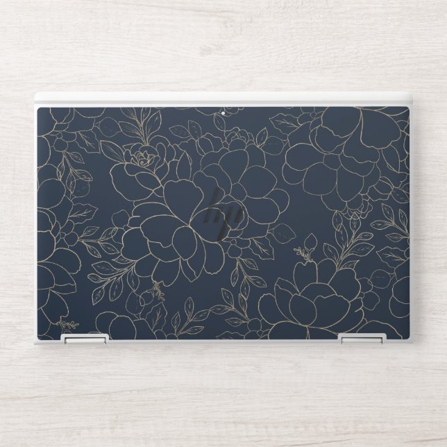 Stylish navy blue gold hand drawn floral HP laptop skin (Front)