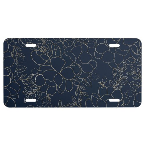 Stylish navy blue gold hand drawn floral license plate