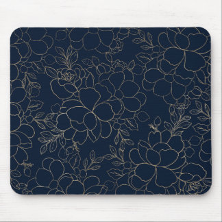 Stylish navy blue gold hand drawn floral mouse pad