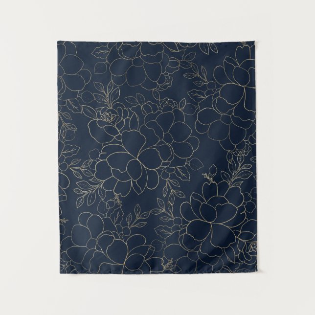 Stylish navy blue gold hand drawn floral tapestry (Front)