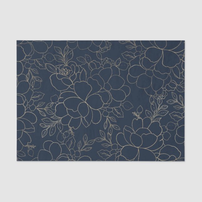 Stylish navy blue gold hand drawn floral tissue paper (Front)