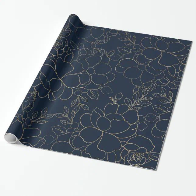 Stylish navy blue gold hand drawn floral wrapping paper | Zazzle