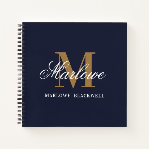 Stylish Navy Blue Gold Monogram Calligraphy Notebook