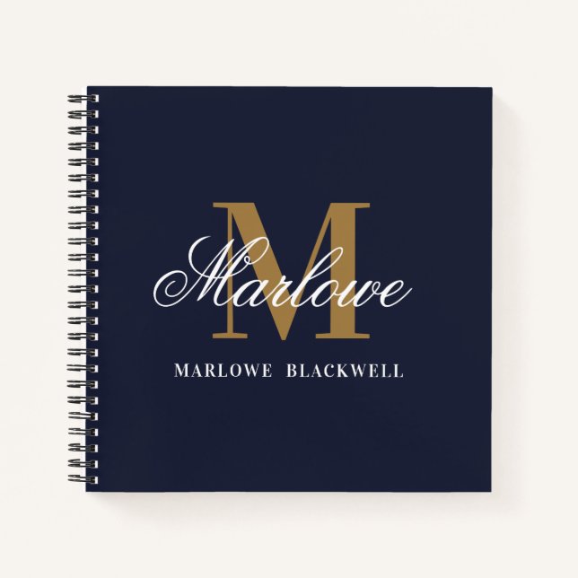 Stylish Navy Blue Gold Monogram Calligraphy Notebook (Front)