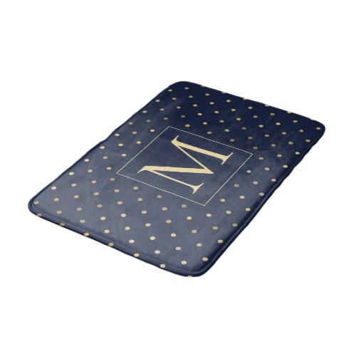 Stylish Navy Blue Gold Polka Dots Monogram Bath Mat