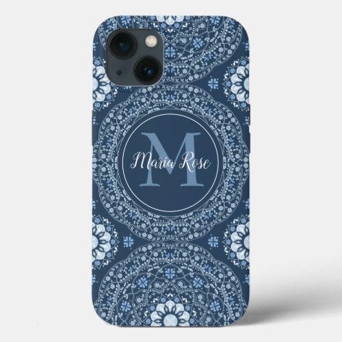 Stylish Navy Blue Mandala Modern Monogram iPhone 13 Case