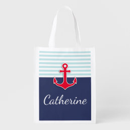 Stylish Navy Blue Nautical Design Custom Text Grocery Bag