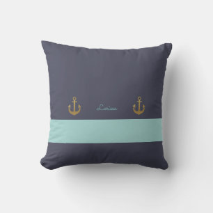 stylish navy blue & personalized nautical throw pillow