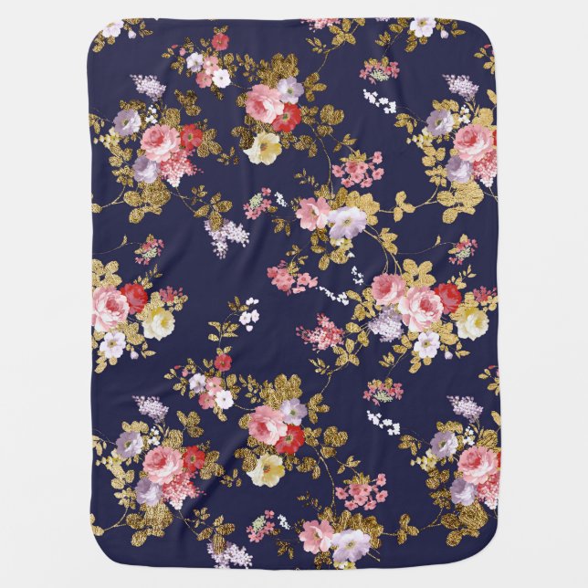 Stylish navy blue pink gold boho floral baby blanket (Front)