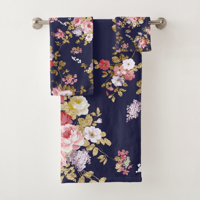 Stylish navy blue pink gold boho floral bath towel set (Insitu)