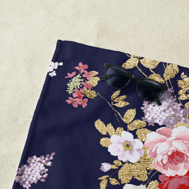 Stylish navy blue pink gold boho floral beach towel (In Situ)