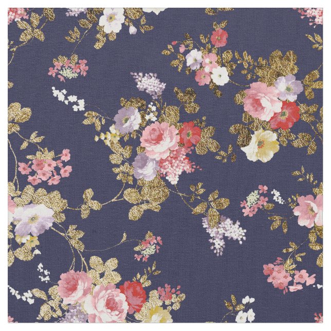Stylish navy blue pink gold boho floral fabric (Close Up)