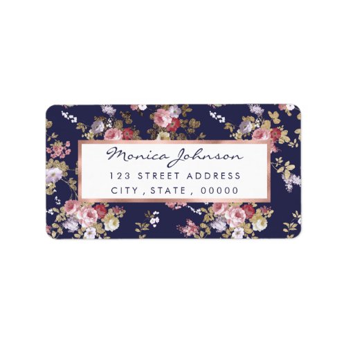 Stylish navy blue pink gold boho floral label