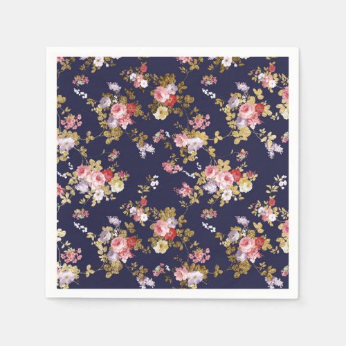 Stylish navy blue pink gold boho floral napkins