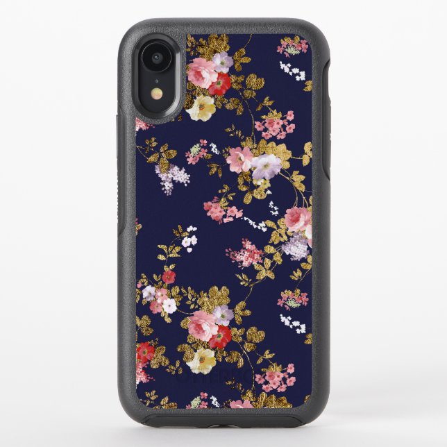 Stylish navy blue pink gold boho floral otterbox iPhone case (Back)