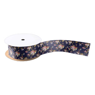 Stylish navy blue pink gold boho floral satin ribbon