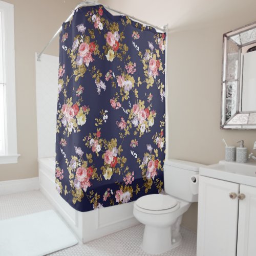Stylish navy blue pink gold boho floral shower curtain
