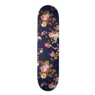 Stylish navy blue pink gold boho floral skateboard