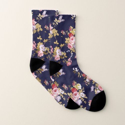 Stylish navy blue pink gold boho floral socks