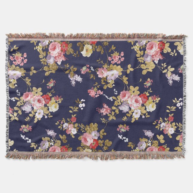 Stylish navy blue pink gold boho floral throw blanket (Front)