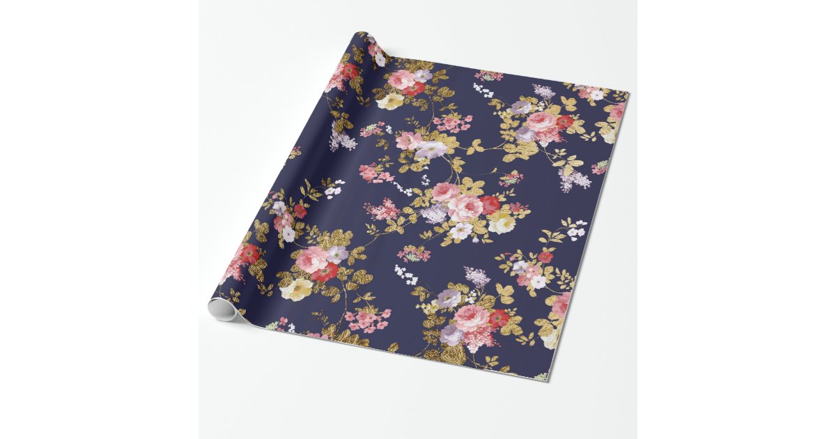 Stylish navy blue pink gold boho floral wrapping paper | Zazzle