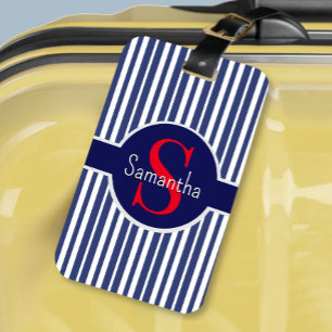 Stylish navy blue red striped initial monogram luggage tag