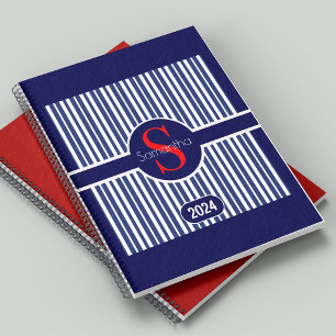 Stylish navy blue red striped initial monogram planner