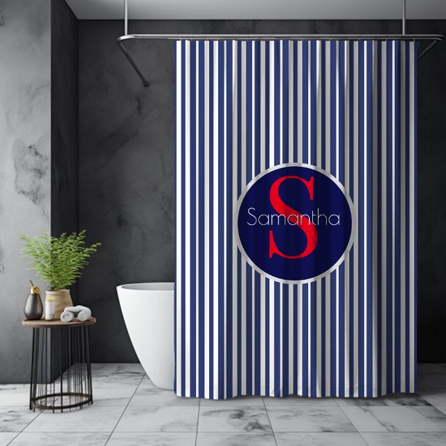 Stylish navy blue red striped initial monogram shower curtain (Creator Uploaded)