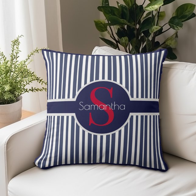 Stylish navy blue red striped initial monogram throw pillow (Creator Uploaded)