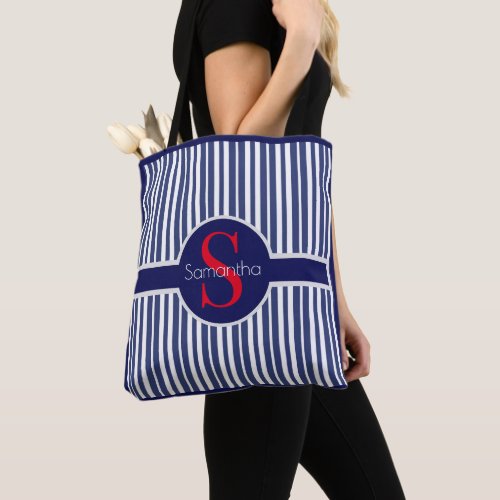 Stylish navy blue red striped initial monogram tote bag