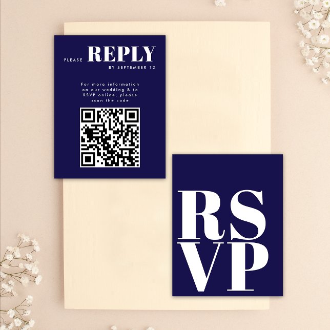 Stylish Navy Blue RSVP Cards for Wedding QR Code (Front / Back)