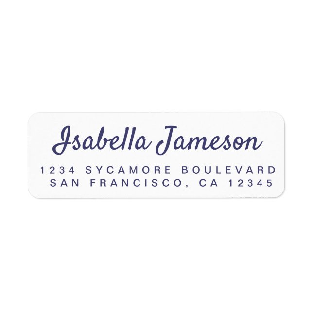Stylish Navy Blue Script White Return Address Label (Front)