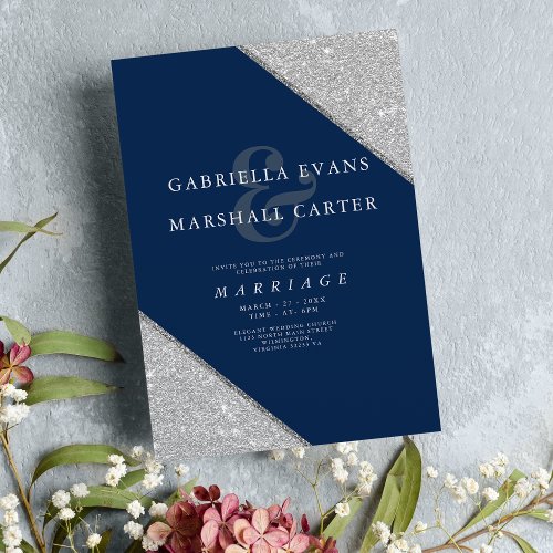 Stylish navy blue silver ampersand glitter wedding invitation