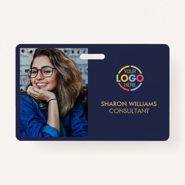 Stylish Navy Blue Simple Company Employee Photo ID Badge (Front)