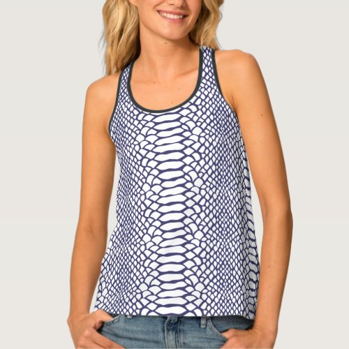 Stylish Navy Blue Snake Skin Pattern on White Tank Top