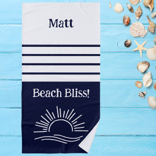 Stylish Navy Blue Stripes Name Nautical Beach Towel