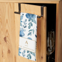 Stylish Navy Blue Watercolor Flowers Monogram Kitchen Towel