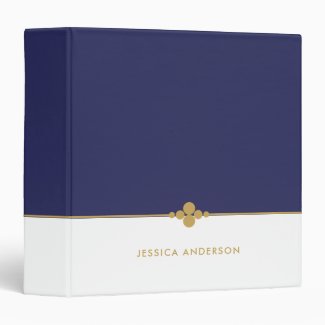 Stylish Navy Blue White Gold Name 3 Ring Binder