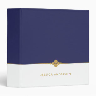 Stylish Navy Blue White Gold Name 3 Ring Binder
