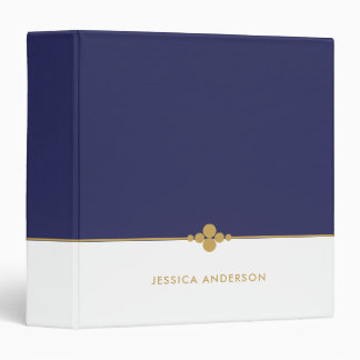 Stylish Navy Blue White Gold Name 3 Ring Binder