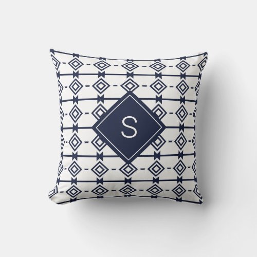 Stylish Navy Blue White Monogram Pattern Throw Pillow